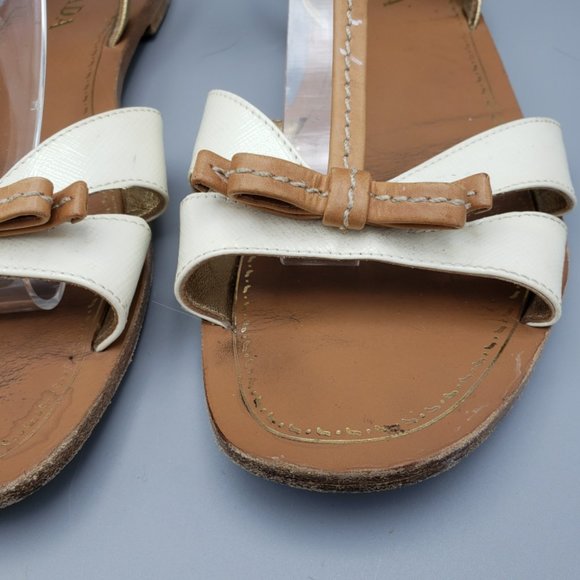 Prada Saffiano Bow Sandals White, Tan & Gold Size 39.5 - Picture 4 of 9